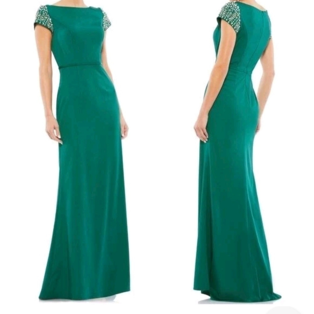 Mac Duggal Green Maxi Dress with Embellished Sleeves